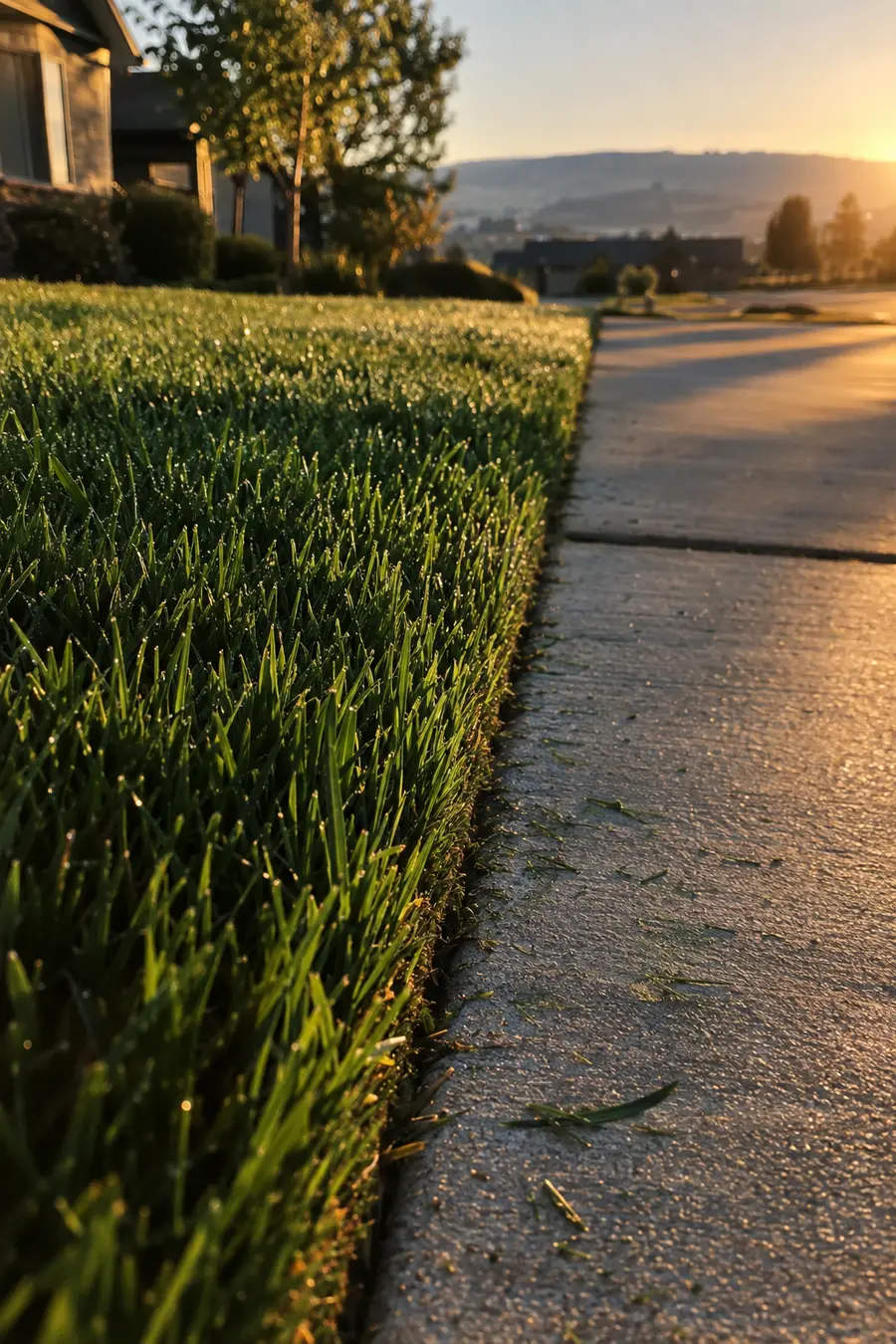 A freshly edged line between lawn and sidewalk in morning light