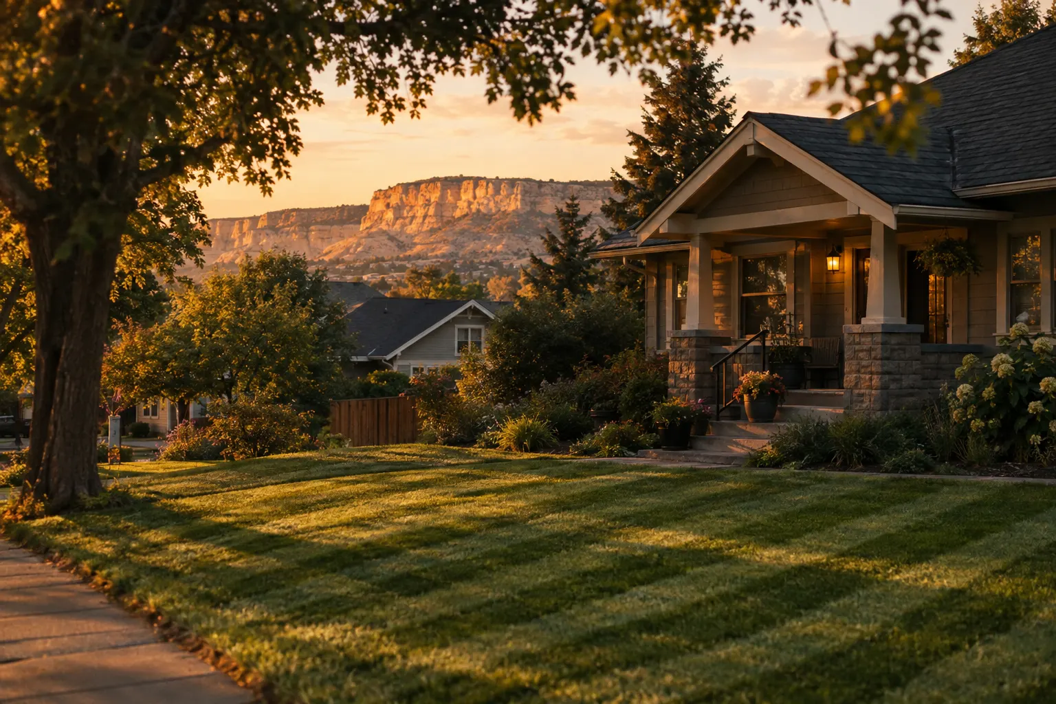 A freshly striped front lawn at golden hour in a Billings neighborhood, with the Rimrocks in the distance