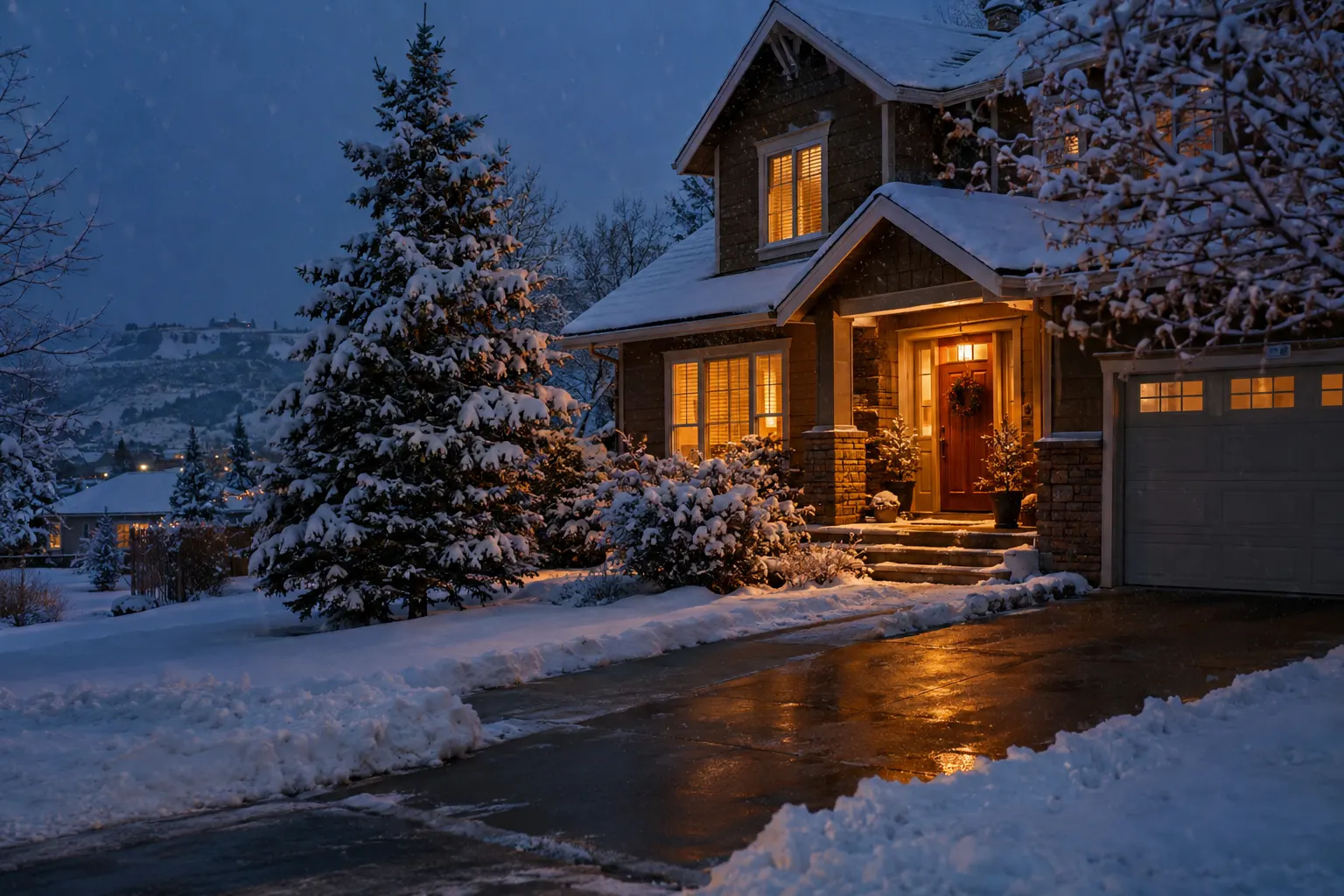 A home at dusk with warm windows and a freshly cleared driveway as snow falls